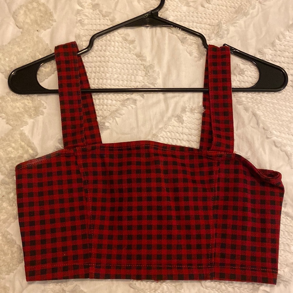 Black and red checkered crop top with zip closure